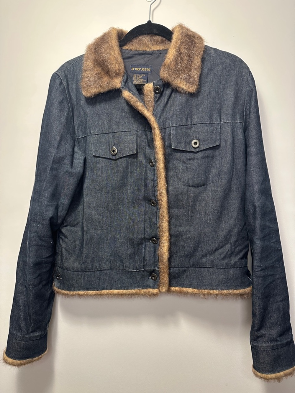 Armor Jeans Y2K Denim Jacket with Brown Faux Fur Trim